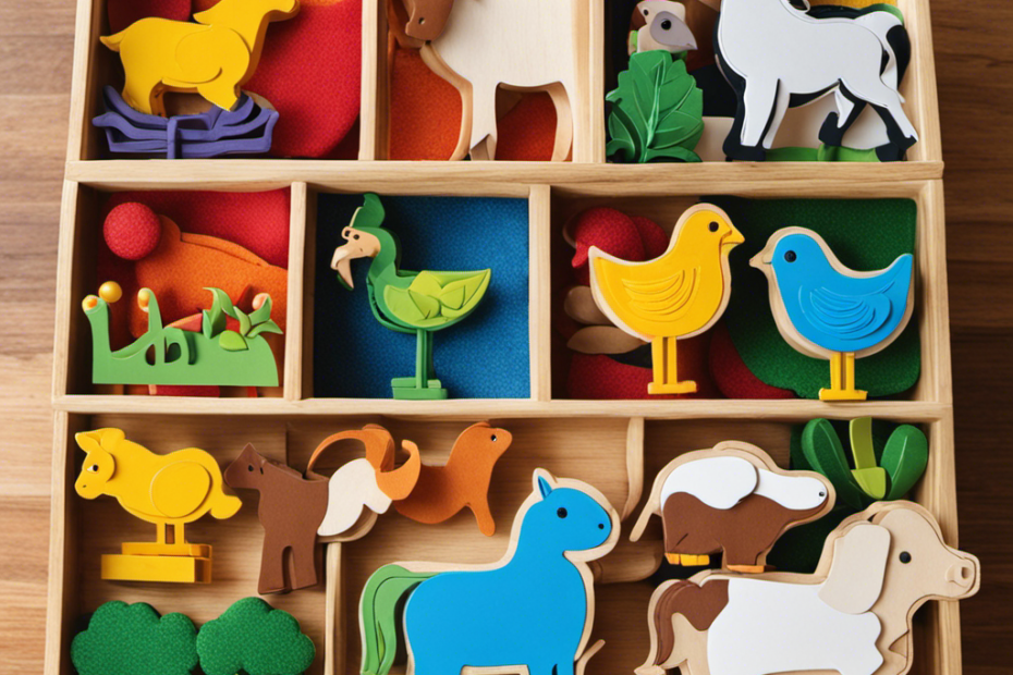 An image showcasing a colorful Montessori toy set of engaging farm animals for toddlers