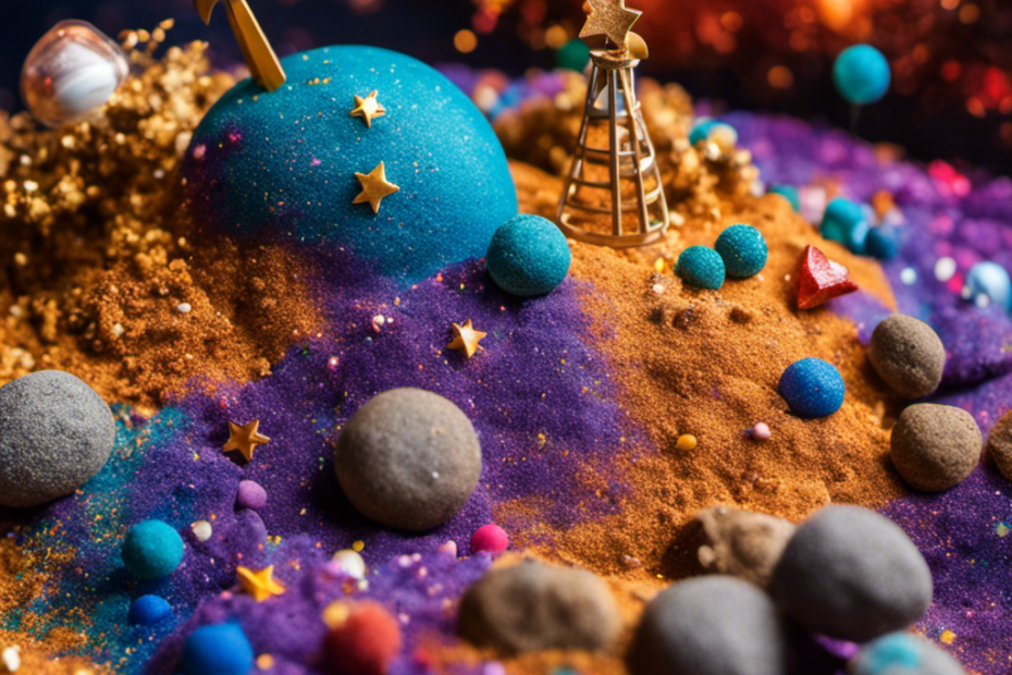 An image of a captivating sensory bin, brimming with shimmering moon rocks, twinkling star confetti, glittering astronaut figurines, and a miniature rocket ship soaring amidst a galaxy of vividly colored cosmic sand