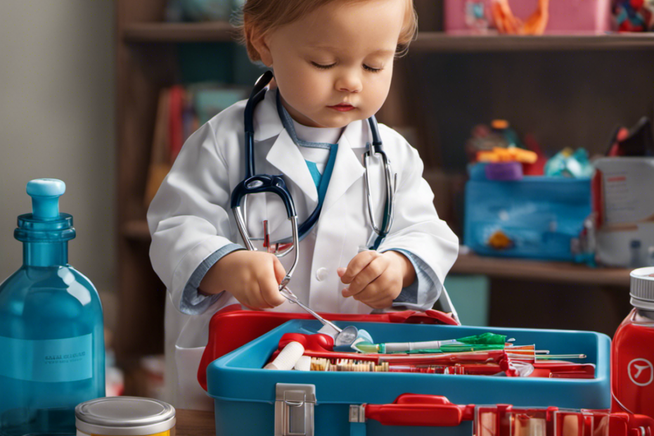An image showcasing a toddler holding a realistic doctor kit, featuring a stethoscope, syringe, and bandages