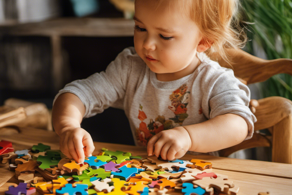 An image showcasing a toddler sitting at a brightly lit wooden table, engrossed in solving an AOLIGE wooden jigsaw puzzle