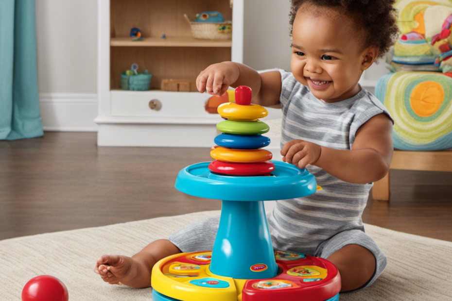 An image showcasing a joyful toddler sitting on the colorful Playskool Sit 'N Spin Classic, spinning with delight as their hands grip the handles and their legs push off the ground, developing motor skills and fostering a sense of balance