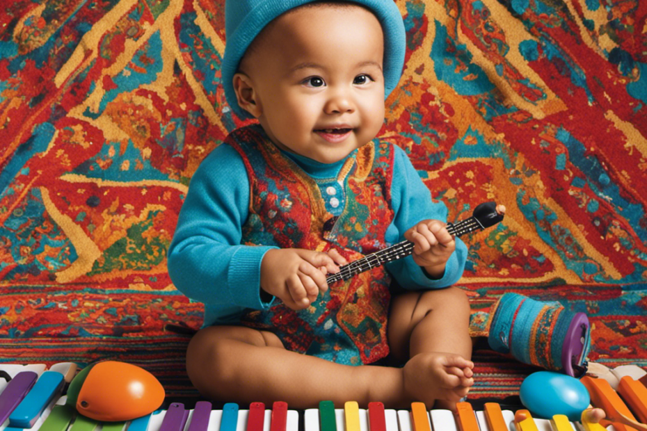 An image showcasing a joyful toddler sitting cross-legged on a vibrant, patterned rug, surrounded by an assortment of LOOIKOOS toddler instruments - a colorful xylophone, a mini drum set, and a tiny keyboard