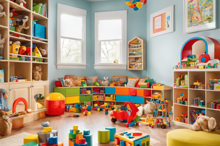 An image showcasing a bright, colorful playroom filled with educational toys like building blocks, puzzles, and interactive games