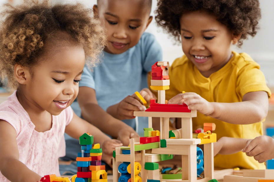 An image showing a diverse group of preschoolers engaged in building with construction toys, their focused expressions and collaborative interactions highlighting the cognitive benefits of these toys