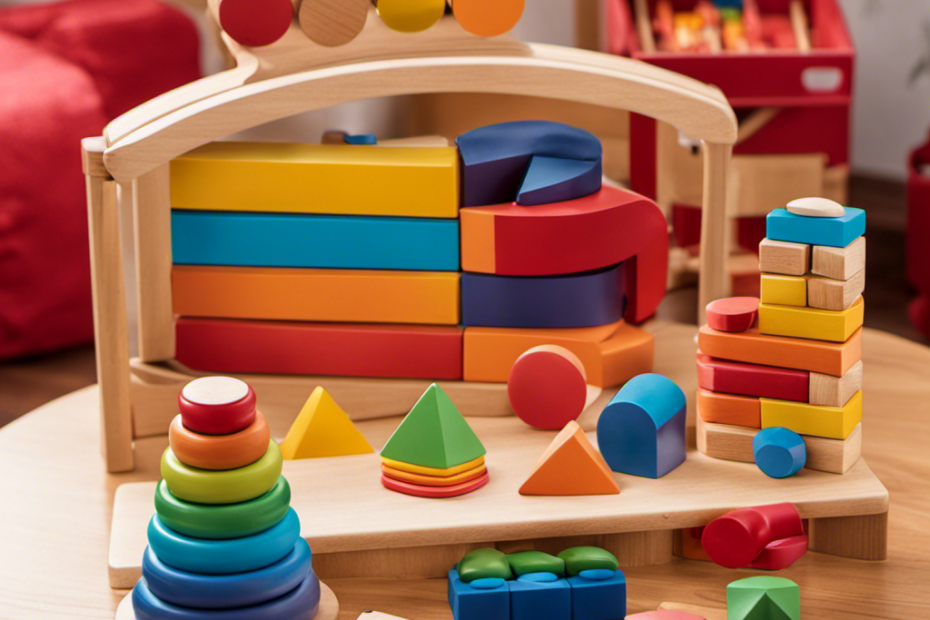 An image showcasing a colorful array of Montessori toys designed for toddlers, with wooden blocks, puzzles, sensory boards, and sorting games, stimulating their cognitive, motor, and sensory development