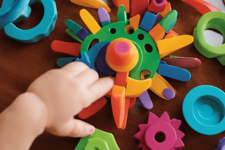 An image showcasing a toddler's hands delicately grasping a Montessori toy, their eyes sparkling with curiosity as they explore the vibrant colors, different textures, and engaging shapes that enhance their cognitive and motor skills