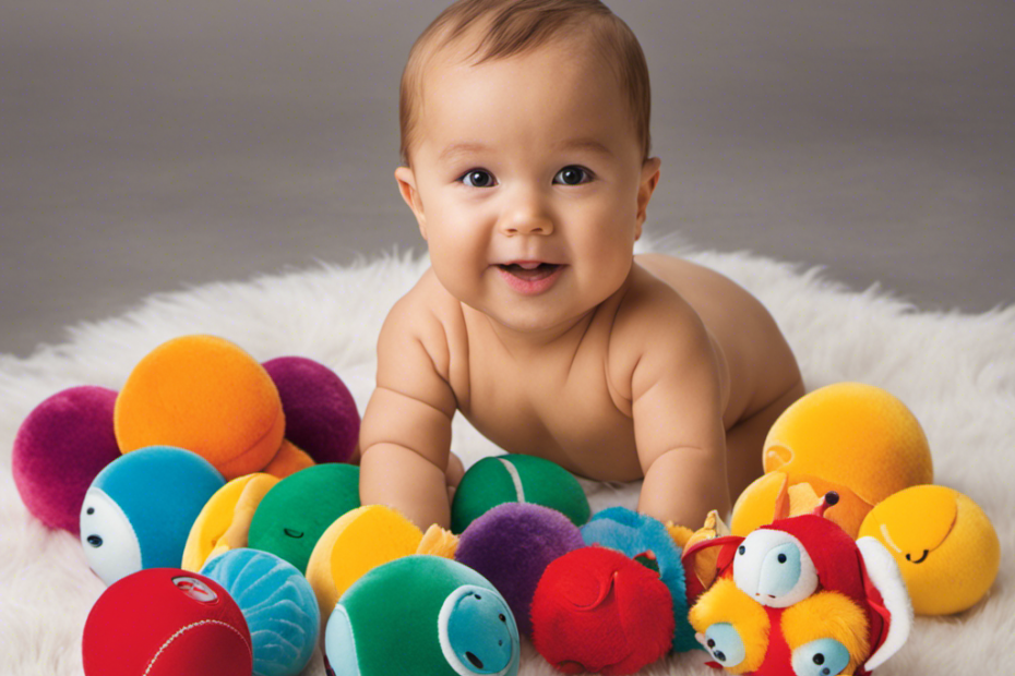 An image showcasing colorful, interactive toys like rattles, soft plush animals, and sensory balls