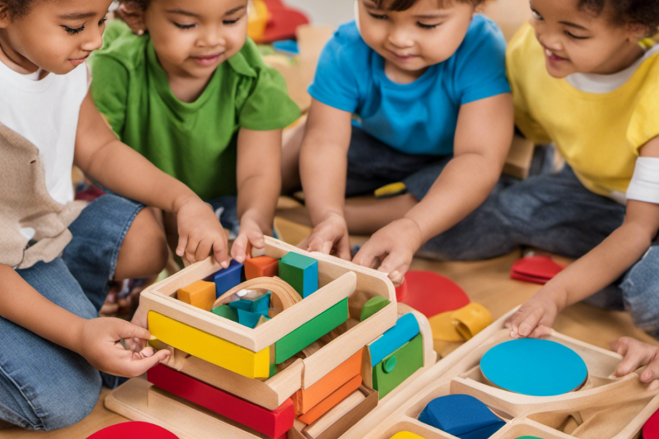 An image showcasing a diverse group of young children engaged in hands-on activities, exploring colorful tactile materials from the Tinkletots Montessori Preschool Busy Book, fostering their curiosity and enhancing early learning