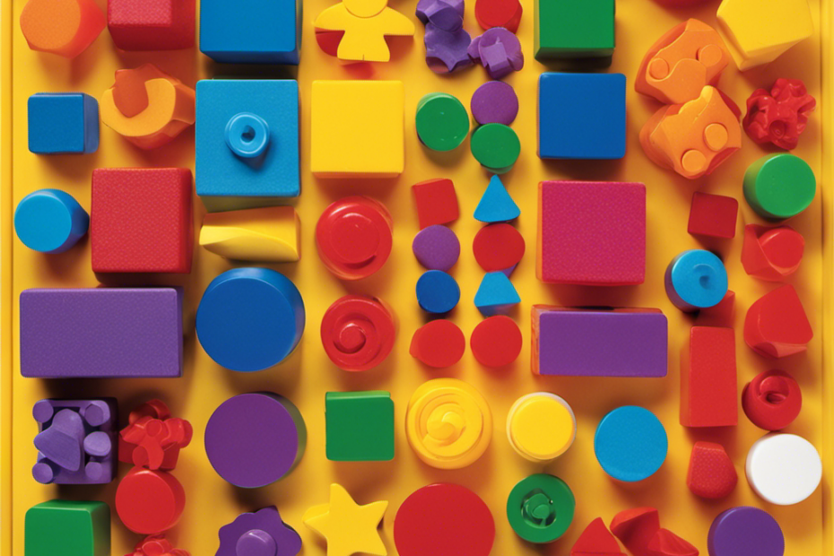 An image showcasing an array of vibrant preschool manipulative toys, such as colorful stacking blocks, threading beads, and puzzle pieces, displayed on a colorful mat, highlighting their varied shapes, textures, and sizes