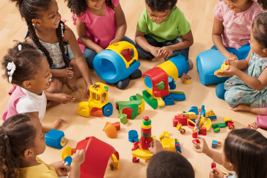 An image showcasing a diverse group of preschool children engaged in collaborative play with a wide array of educational toys, fostering curiosity, communication, and teamwork, while promoting cognitive and social development