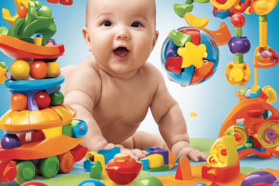 A vibrant image showcasing a baby surrounded by an array of educational toys, ranging from sensory balls and building blocks to colorful puzzles and musical instruments, stimulating their cognitive and physical growth