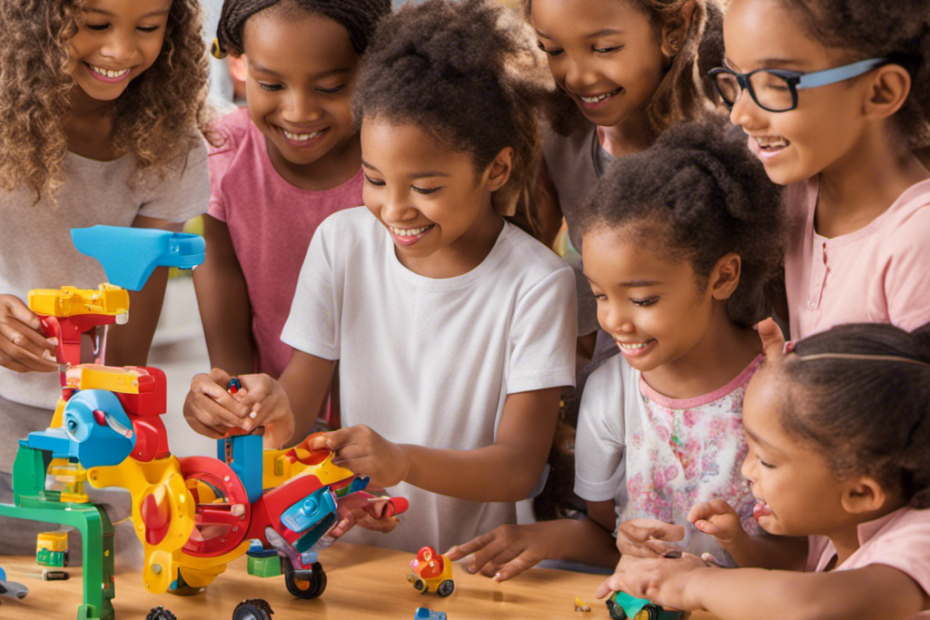 An image showcasing a diverse group of children actively engaged in building, experimenting, and problem-solving with STEM toys, their faces lit up with excitement and curiosity, as they explore the limitless potential of hands-on learning