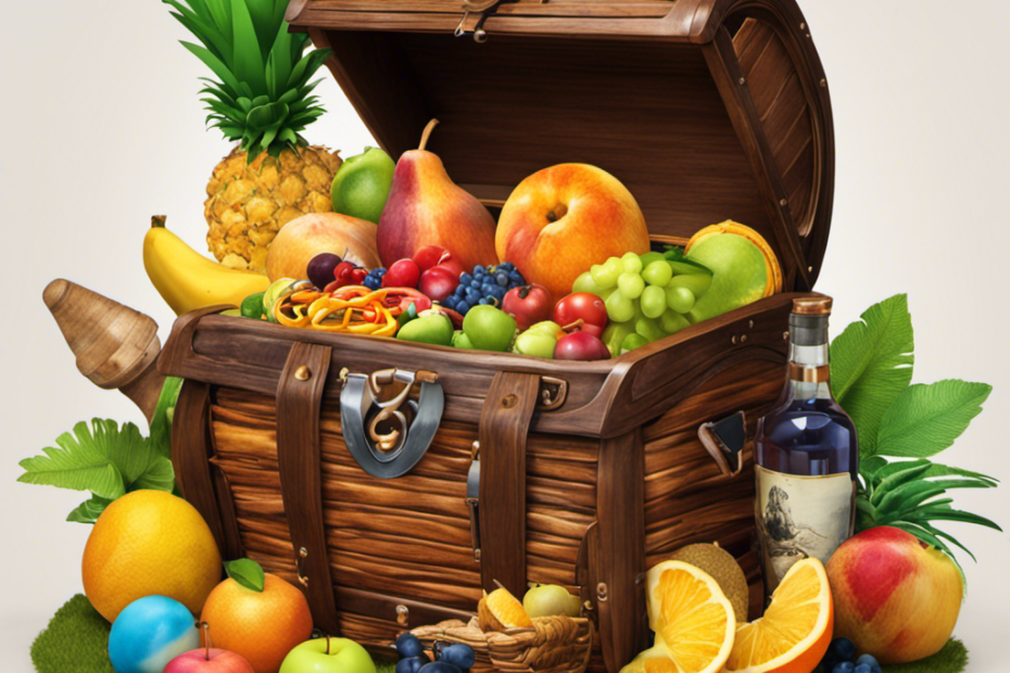 An image showcasing a vibrant pirate treasure chest and a colorful picnic basket surrounded by various objects like books, fruits, and toys