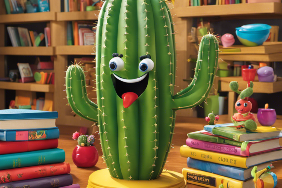 An image of Carlos the Pop & Count Cactus surrounded by vibrant educational objects, like books, pencils, and math symbols, invitingly showcasing his playful and interactive features to enhance learning
