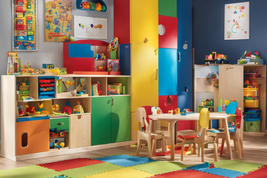 An image showcasing a vibrant playroom filled with a variety of educational toys, ranging from building blocks and puzzles to art supplies and interactive learning games, designed to foster preschool development
