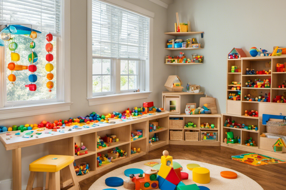 An image showcasing a colorful Montessori-inspired playroom filled with engaging toys like geometric shape puzzles, wooden letter blocks, sensory bins, and counting beads, promoting the development of fine motor, cognitive, and mathematical skills in preschoolers