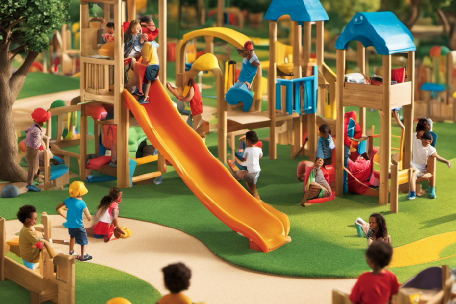 An image showcasing a vibrant playground filled with diverse children engaging in imaginative play, fostering social skills, creativity, and physical development