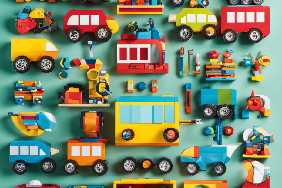 An image showcasing a diverse array of STEM toys, including building blocks, magnetic tiles, coding robots, and science kits