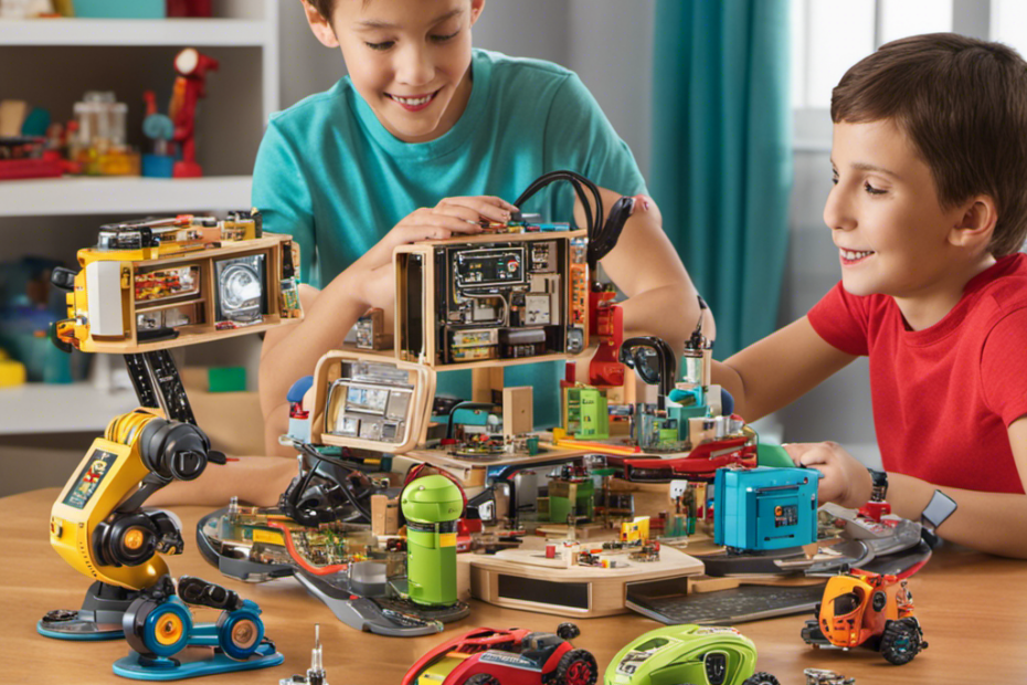 An image showcasing a colorful array of toys, including a programmable robot, a circuitry kit, a microscope, a building set, and engaging STEM board games, all carefully selected for the curious minds of 9-year-olds