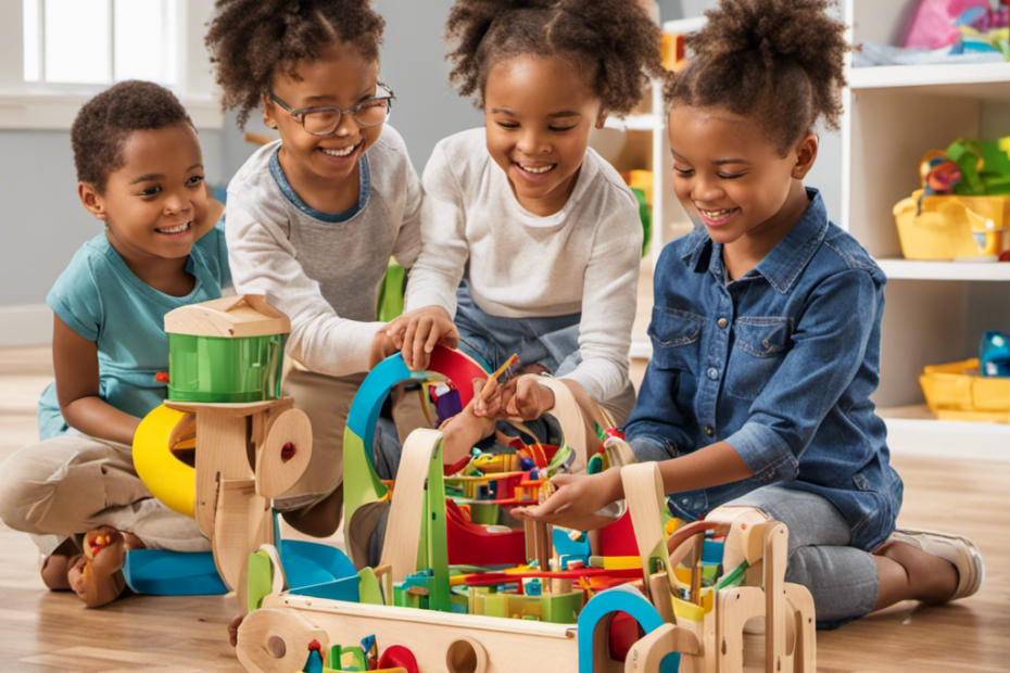 An image showcasing a diverse group of five-year-olds eagerly exploring a vibrant playroom filled with hands-on STEM toys, their faces beaming with excitement as they engage in imaginative play and experiential learning