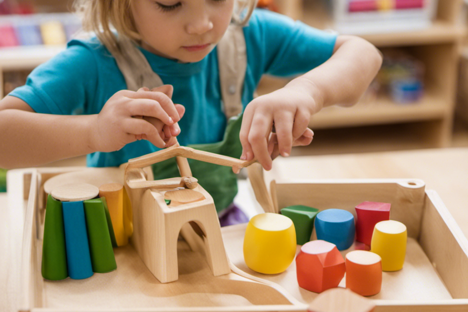 An image capturing the essence of Montessori play-based learning for 3-4 year olds: A vibrant classroom filled with children engrossed in self-directed activities, surrounded by inviting materials, natural light, and a calm atmosphere