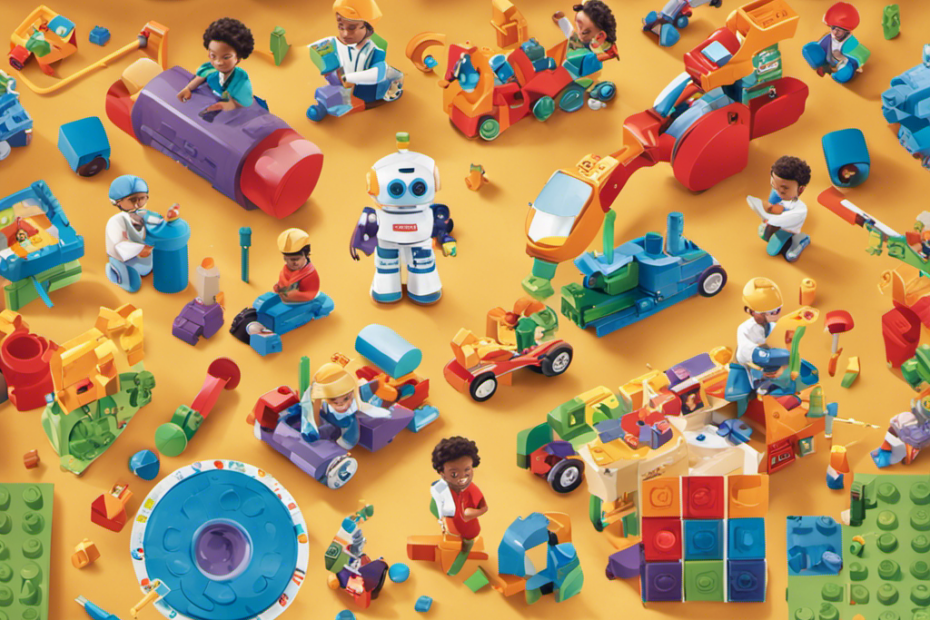 An image showcasing a diverse group of children, joyfully engaged in various STEM activities, surrounded by a colorful array of educational toys such as building blocks, robotics kits, microscopes, and math puzzles