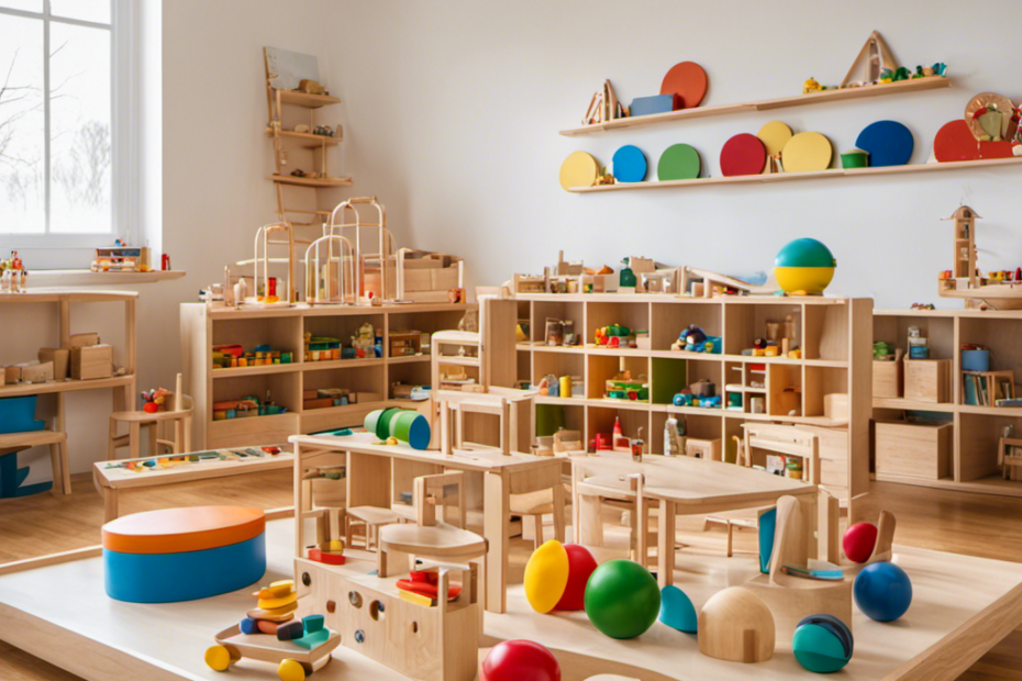 an image showcasing a bright, spacious Montessori learning environment filled with a diverse array of meticulously crafted wooden toys, inviting children to engage in independent exploration, creativity, and cognitive development