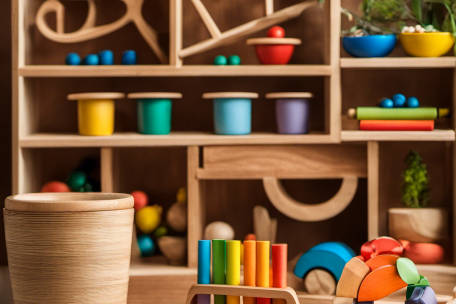 An image showcasing a colorful, open shelf with meticulously arranged Montessori toys, displaying a variety of sensory materials, nature-inspired objects, and wooden manipulatives, inviting readers to delve into the origins and principles of these educational playthings
