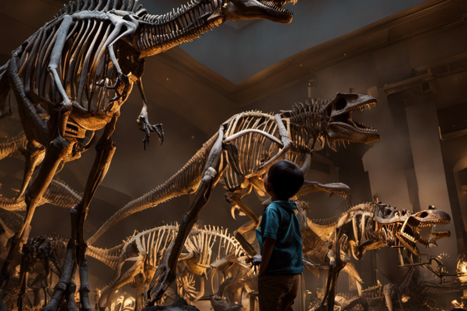 An image capturing the awe-inspiring moment of a preschooler standing amidst towering dinosaur skeletons in a dimly lit museum, their wide-eyed wonderment illuminated by the faint glow of a nearby fossil
