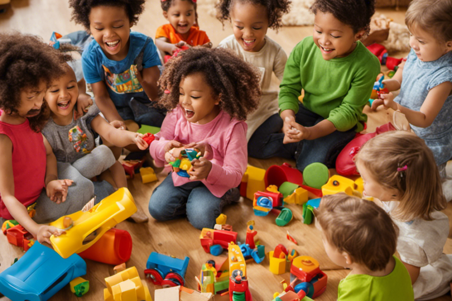 An image depicting a group of preschoolers surrounded by a variety of toys, with some children actively engaged, while others appear disinterested
