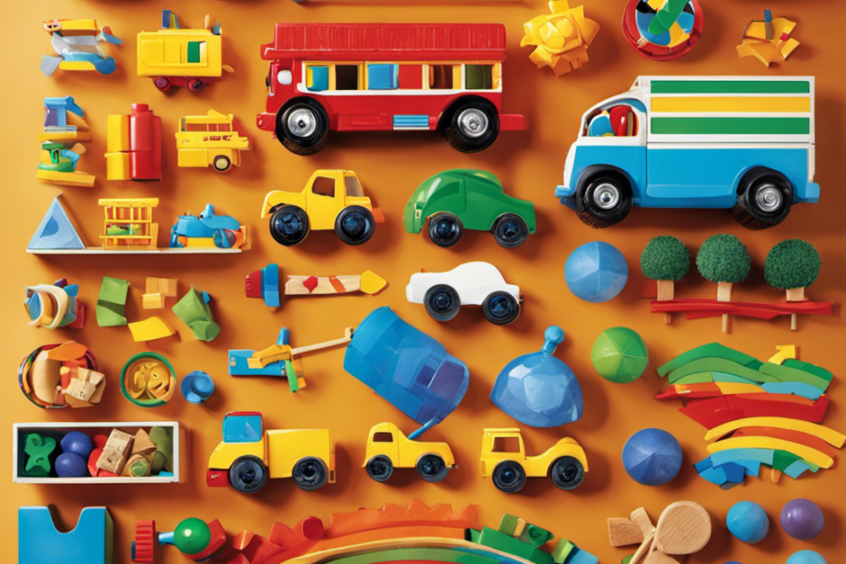 An image showcasing a diverse array of toys carefully arranged in a preschool setting