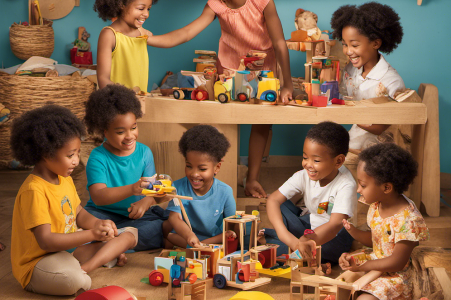 An image showcasing children from diverse backgrounds engaging in toy sharing, portraying independence as they explore, collaborate, and communicate with one another, fostering autonomy and developing essential social skills