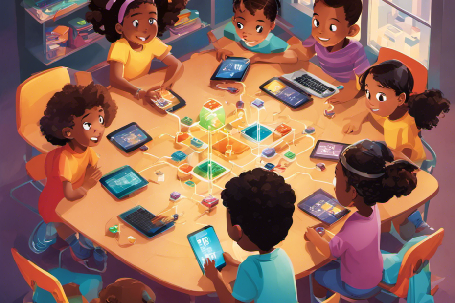 An image showcasing a group of diverse children gathered around a table, enthusiastically engaged with coding toys