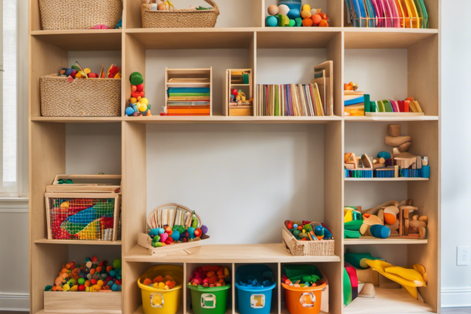 An image showcasing a vibrant Montessori playroom, filled with open shelves neatly organized with wooden puzzles, stacking toys, sensory bins, and colorful art materials, inviting two-year-olds to explore and learn freely