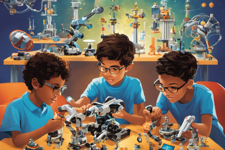 An image showcasing a diverse group of boys engrossed in hands-on STEM toys: an excited boy constructing a robotic arm, another experimenting with a chemistry set, and one engrossed in coding, surrounded by a futuristic backdrop of innovation