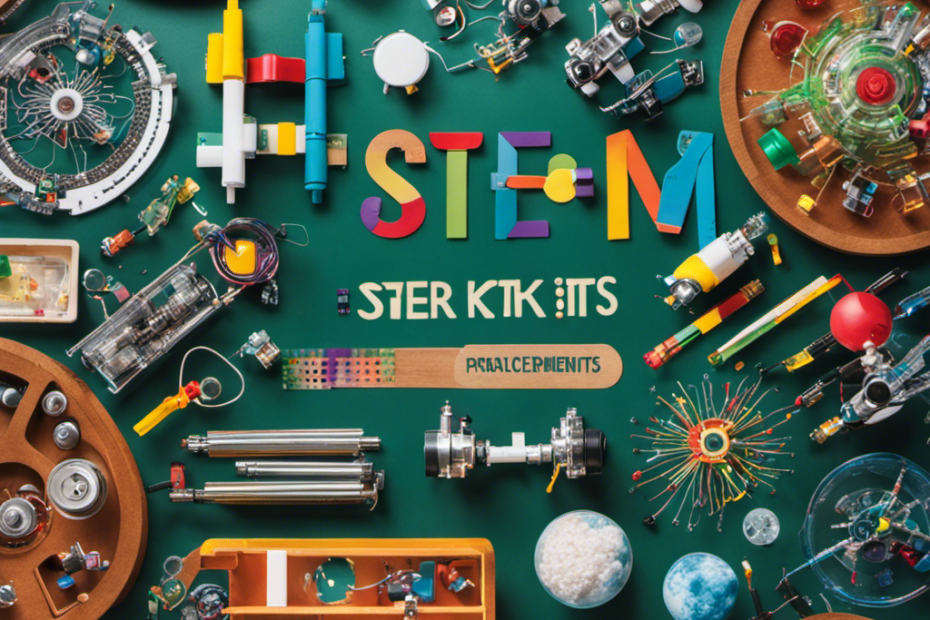 An image showcasing a colorful array of DIY STEM kits, filled with test tubes, circuits, microscopes, and robotics components