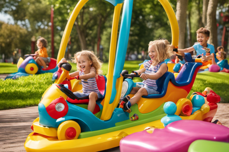 An image showcasing a lively park scene with children happily riding colorful, interactive ride-on toys