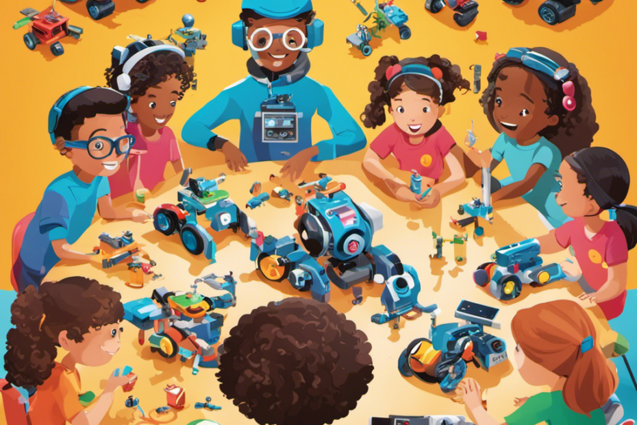 An image showcasing a diverse group of excited children assembling and programming robots