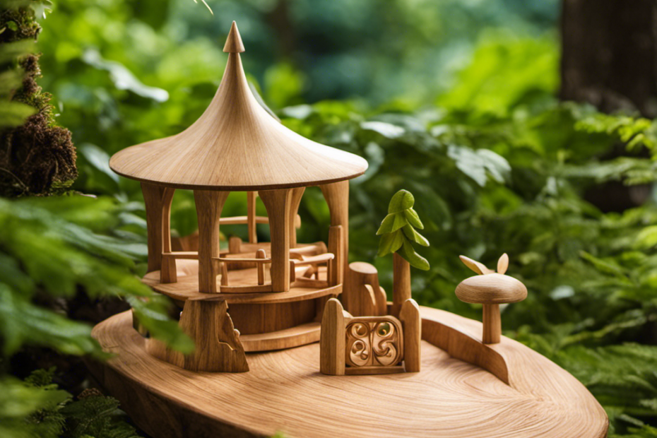 An image showcasing a handcrafted wooden Waldorf toy, nestled in a lush green forest backdrop