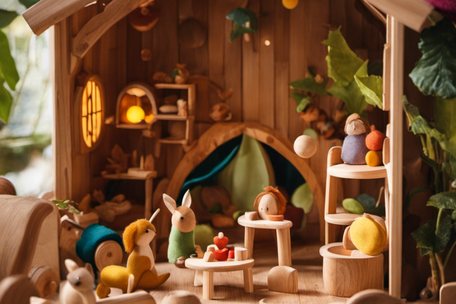 An image of a cozy wooden playroom bathed in warm sunlight, adorned with handcrafted Waldorf toys - whimsical fairies, vibrant felt animals, and wooden building blocks - inviting children to embark on enchanting imaginative adventures