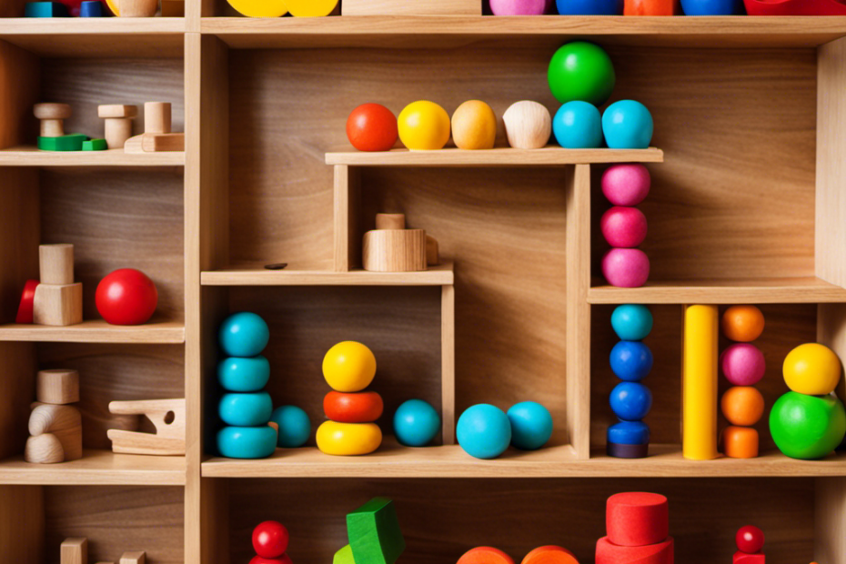An image showcasing a collection of vibrant, interactive Montessori toys arranged on a natural wooden shelf