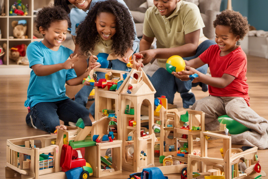 An image featuring a diverse group of preschoolers engaged in inclusive play, surrounded by a variety of toys specifically designed to cater to the individual needs of special needs children