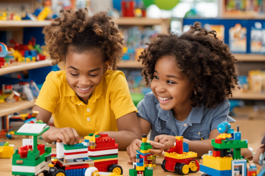 An image featuring a diverse group of children excitedly engaging with a variety of STEM toys, surrounded by shelves filled with renowned brands like LEGO, Fisher-Price, and Sphero