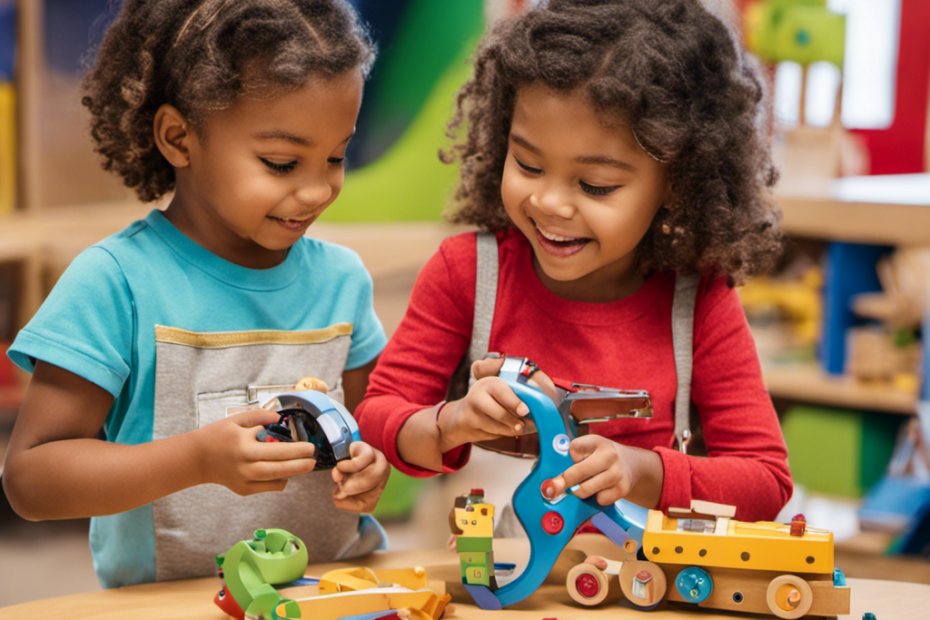 An image showcasing curious preschoolers engaged in hands-on play with cutting-edge tech toys, exploring the wonders of STEM education
