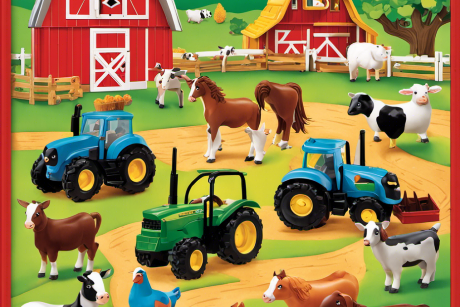 An image showcasing a colorful, engaging farm playset with interactive features like animal sounds, movable parts, and educational elements such as shape sorting puzzles and counting activities