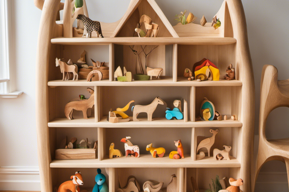 An image showcasing a whimsical wooden toy shelf filled with Waldorf-style playthings, from hand-carved animals to colorful silk play cloths, evoking a serene and imaginative environment for children to explore and create