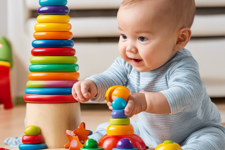 An image that showcases an 8-month-old engaging in interactive play with colorful toys, while a parent or caregiver actively encourages communication by pointing to objects, making gestures, and using facial expressions to build vocabulary and communication skills