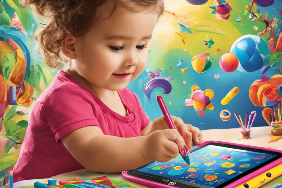 An image showcasing a toddler's hands confidently drawing on an LCD writing tablet, surrounded by colorful doodles and shapes