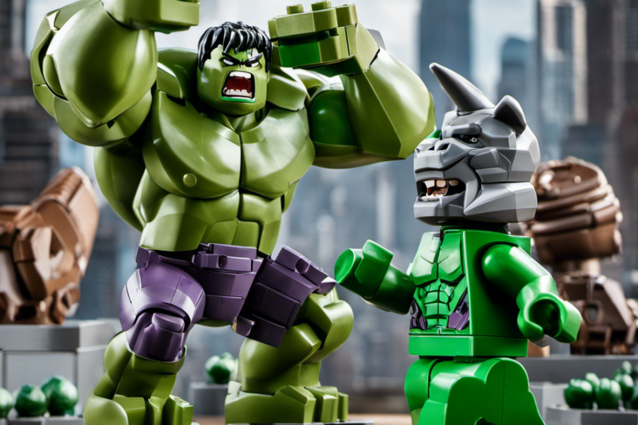 An image showcasing a clash between LEGO Marvel's Hulk and Rhino, capturing the intensity of their battle