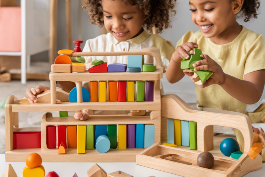 An image showcasing a colorful, open-ended Montessori toy set, with children actively engaged in exploration and imaginative play
